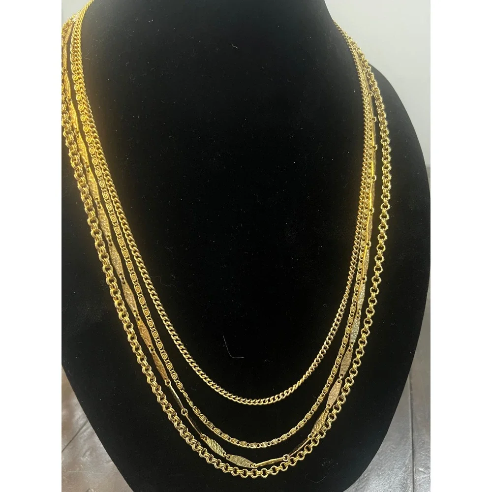 Vtg 80s Gold Multi Strand Layered Necklace Hammered Bar Filigree Clasp Boho Glam